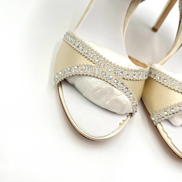 Badgley Mischka‎ Size 8 Roxy Jeweled Ivory Satin Open Toe Heels Pumps Shoes - Picture 4 of 13